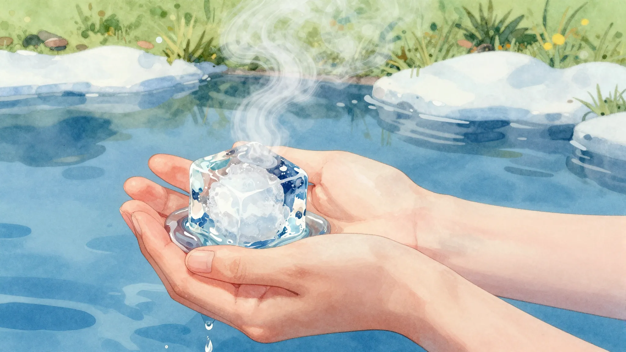 Vibrant watercolor style. A melting ice cube held in cupped ...