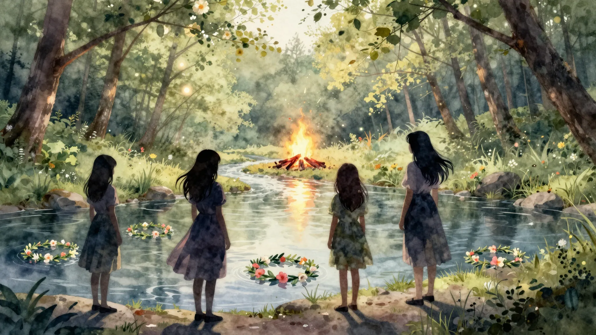 Watercolor style. Silhouettes of girls near a river, floatin...