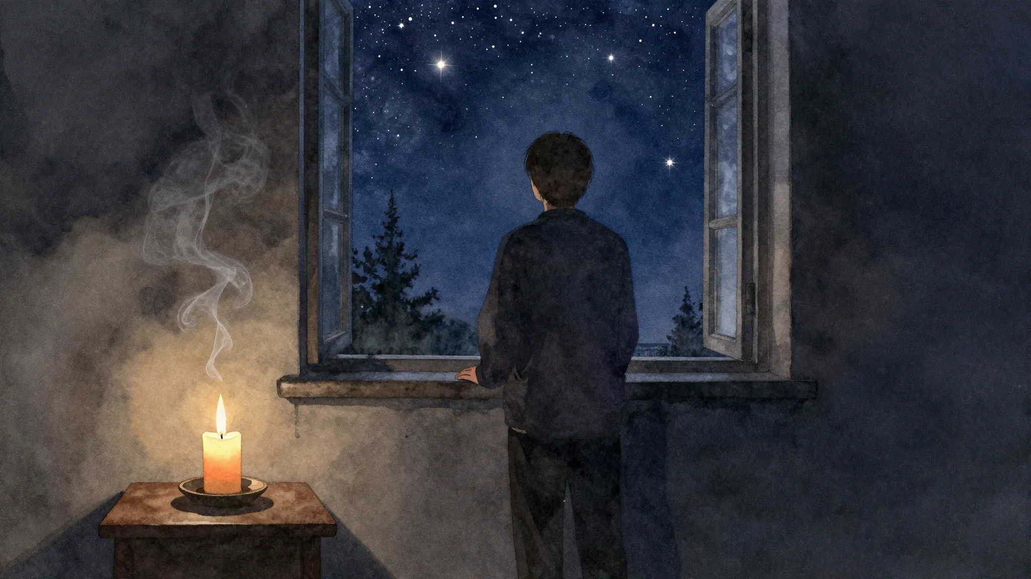 Watercolor style. A dark room with an extinguished candle, s...