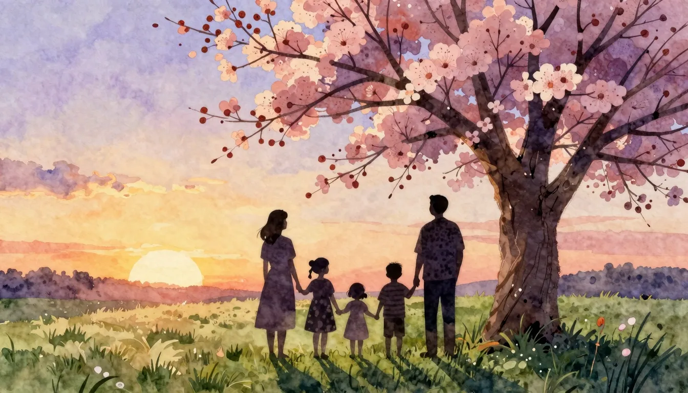Watercolor style. A silhouette of a happy family of six stan...