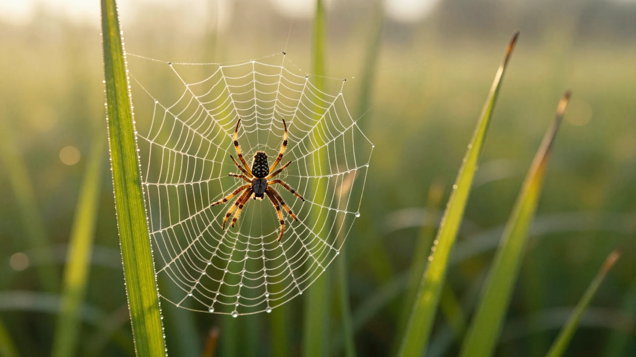 Watercolor style. Macro shot of a spider spinning a delicate...