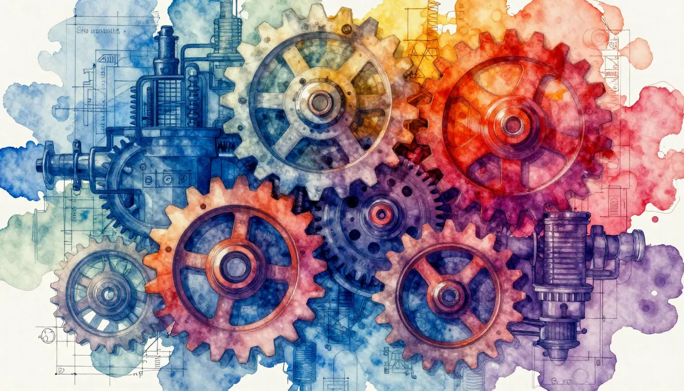 Vibrant watercolor style. Rock album cover. Industrial, engi...