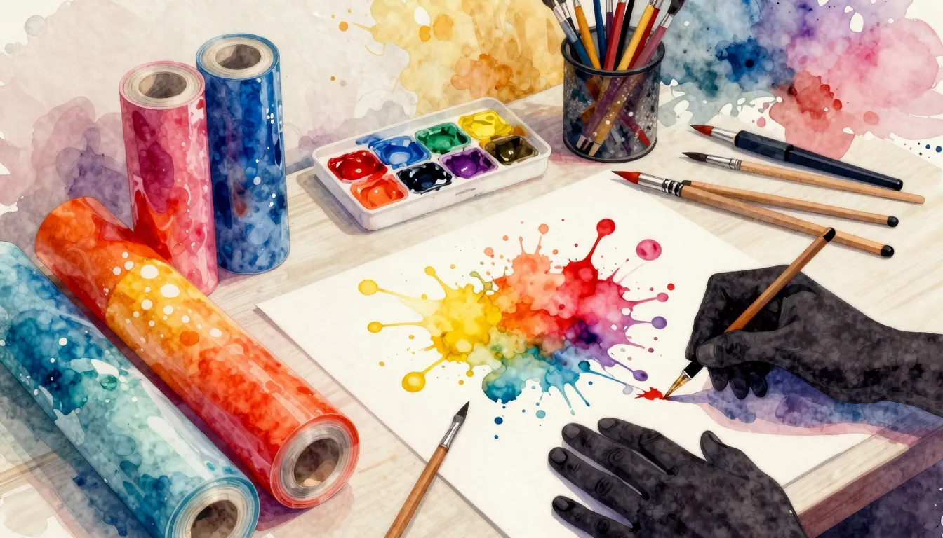 Watercolor style. Vibrant artistic workspace with colorful p...