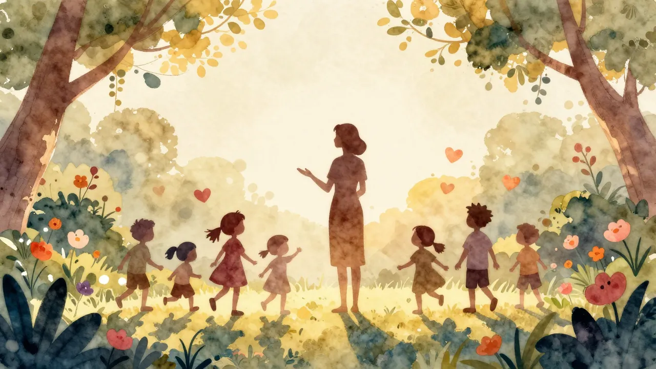 Watercolor style. A warm silhouette of a teacher standing in...