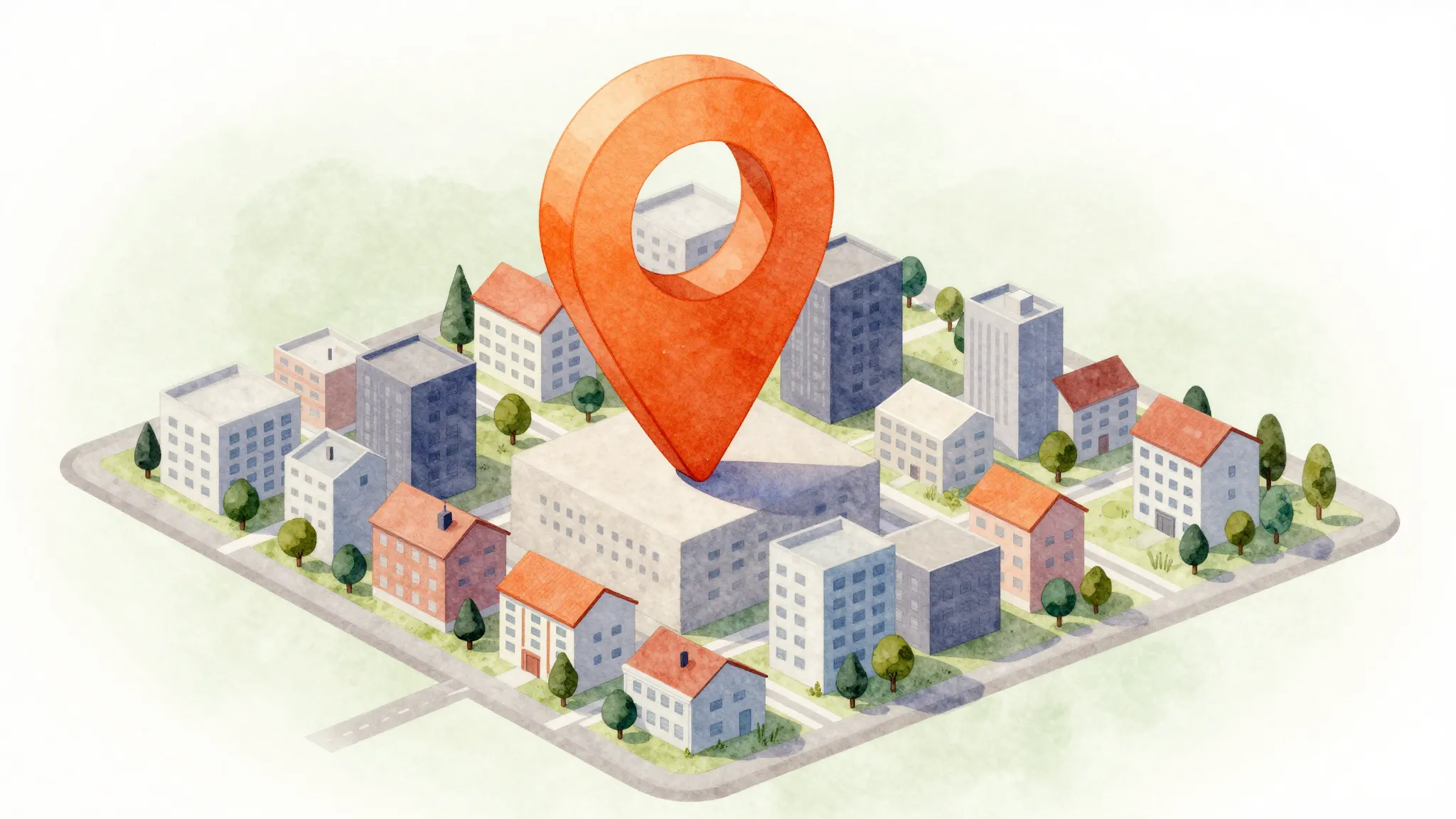 Watercolor style. A stylized isometric 3D map of a city dist...