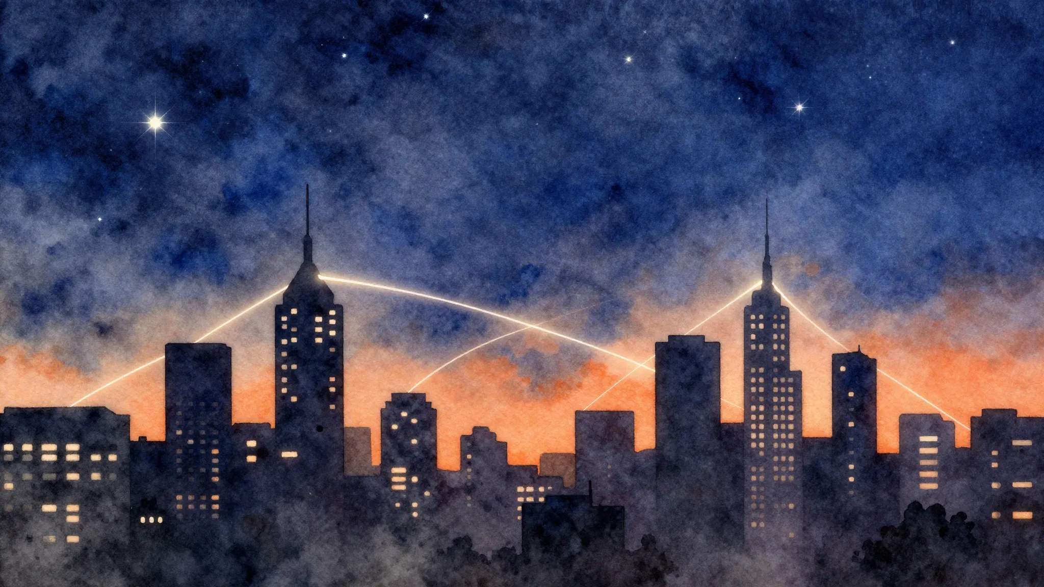 Watercolor style. Silhouette of two cities connected by a gl...
