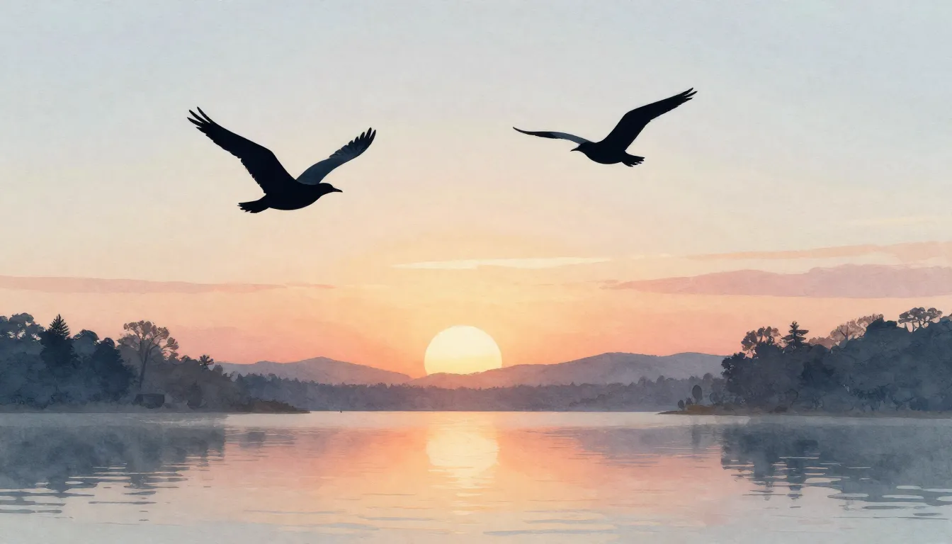 Watercolor style. A beautiful sunrise over a calm lake, warm...