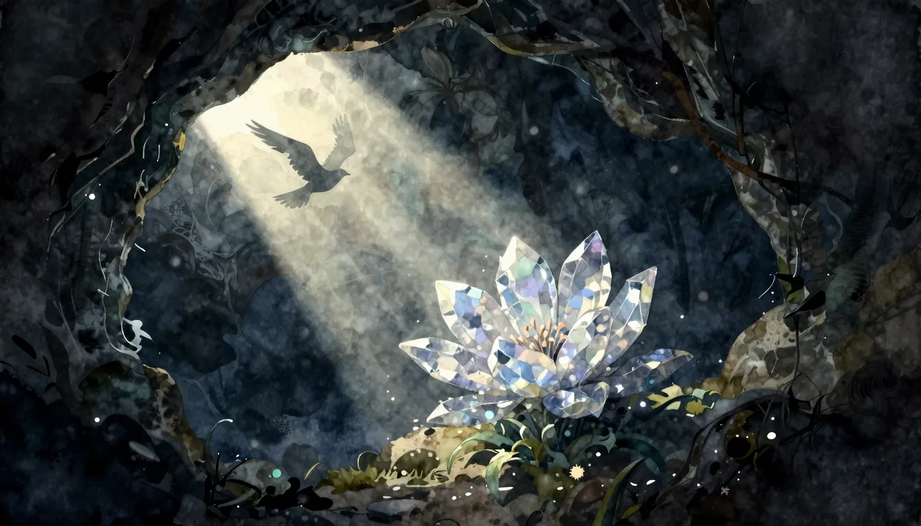 Watercolor style. A dark cave with a single bright ray of li...