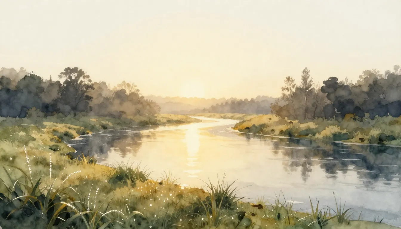Watercolor style. A serene landscape of a river at sunrise, ...
