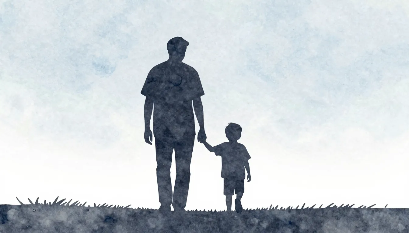 Watercolor style. Minimalist silhouette of a tall father and...