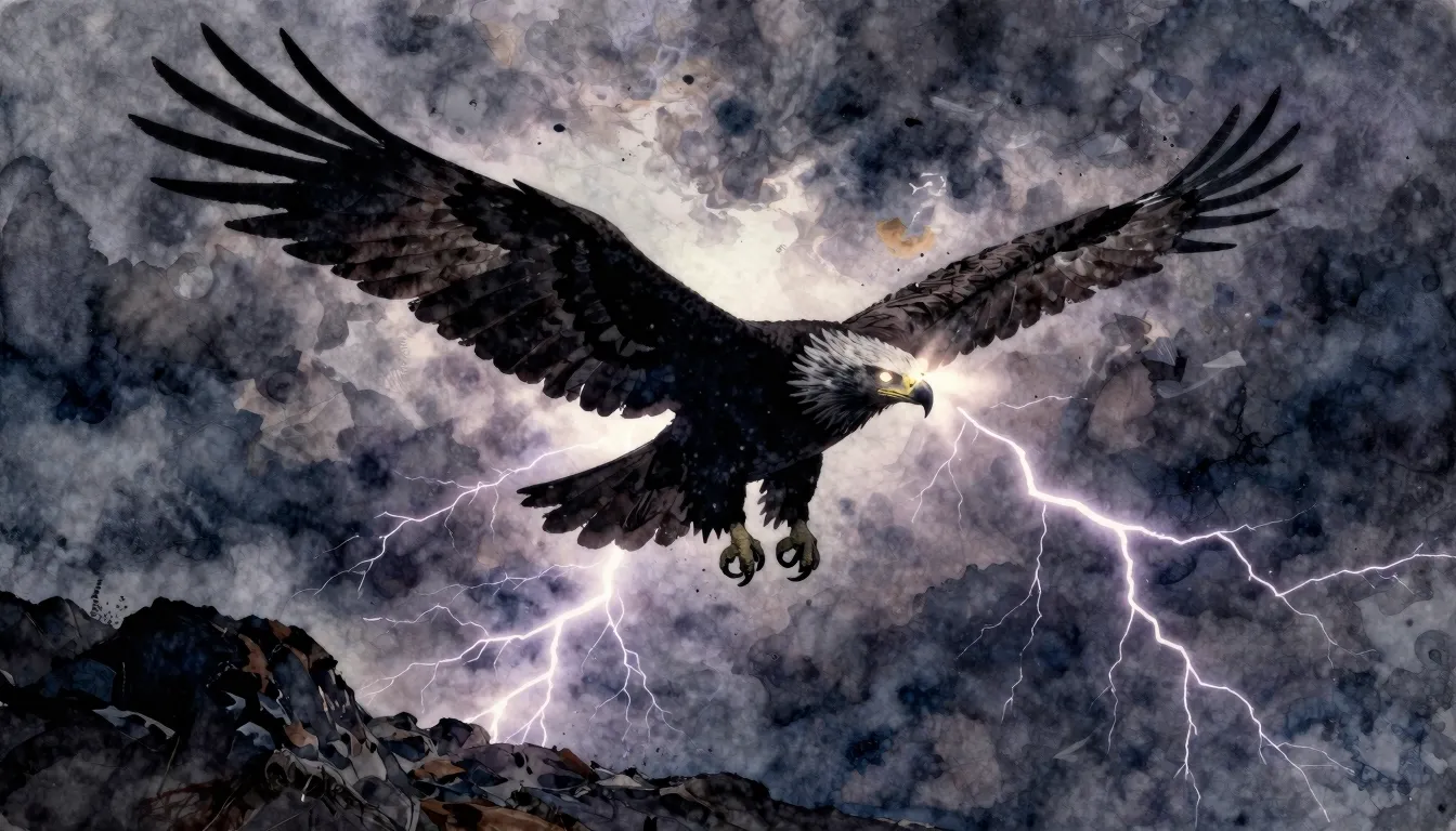 Watercolor style. A powerful eagle silhouette soaring high i...