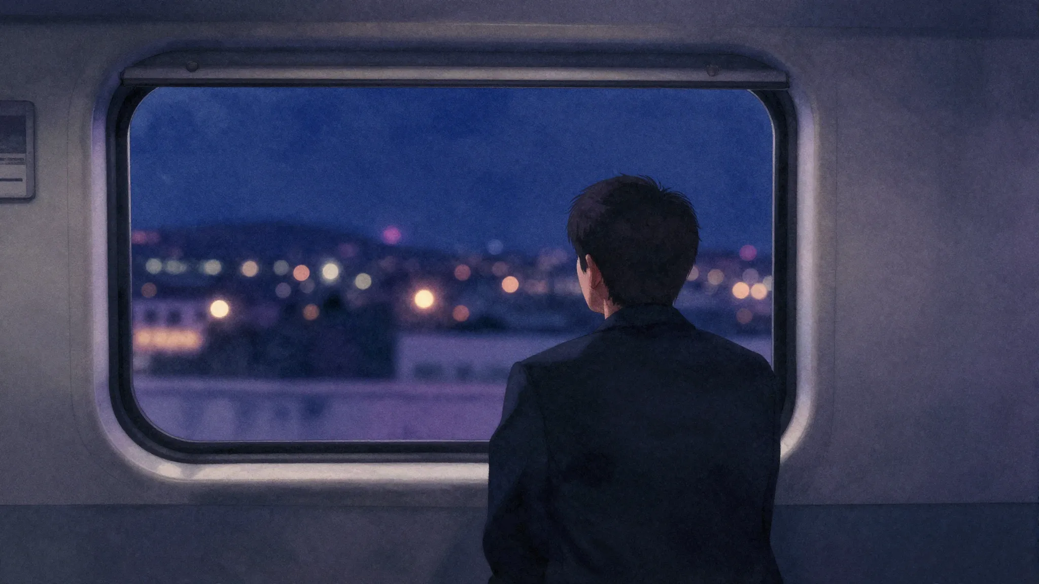 Watercolor style. A lonely silhouette of a person looking ou...