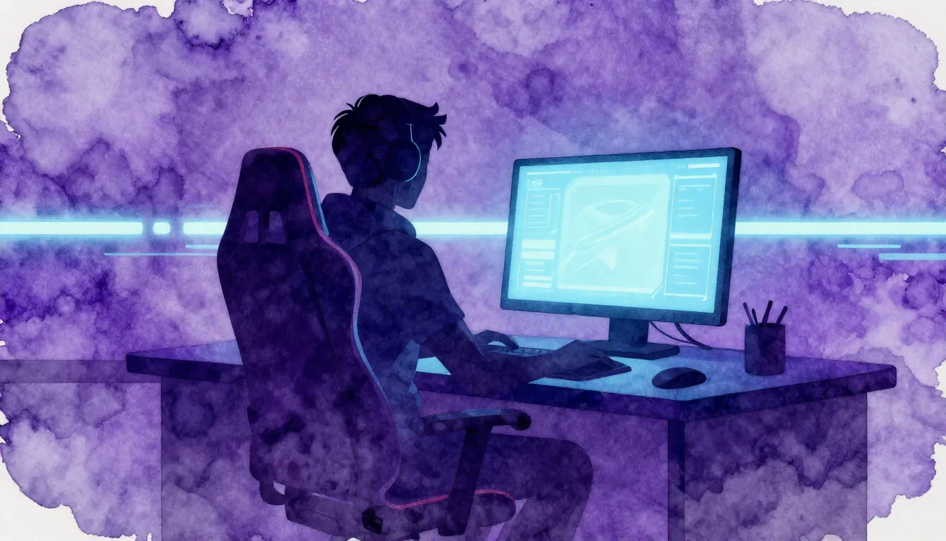 Watercolor style. Stylized silhouette of a gamer sitting in ...