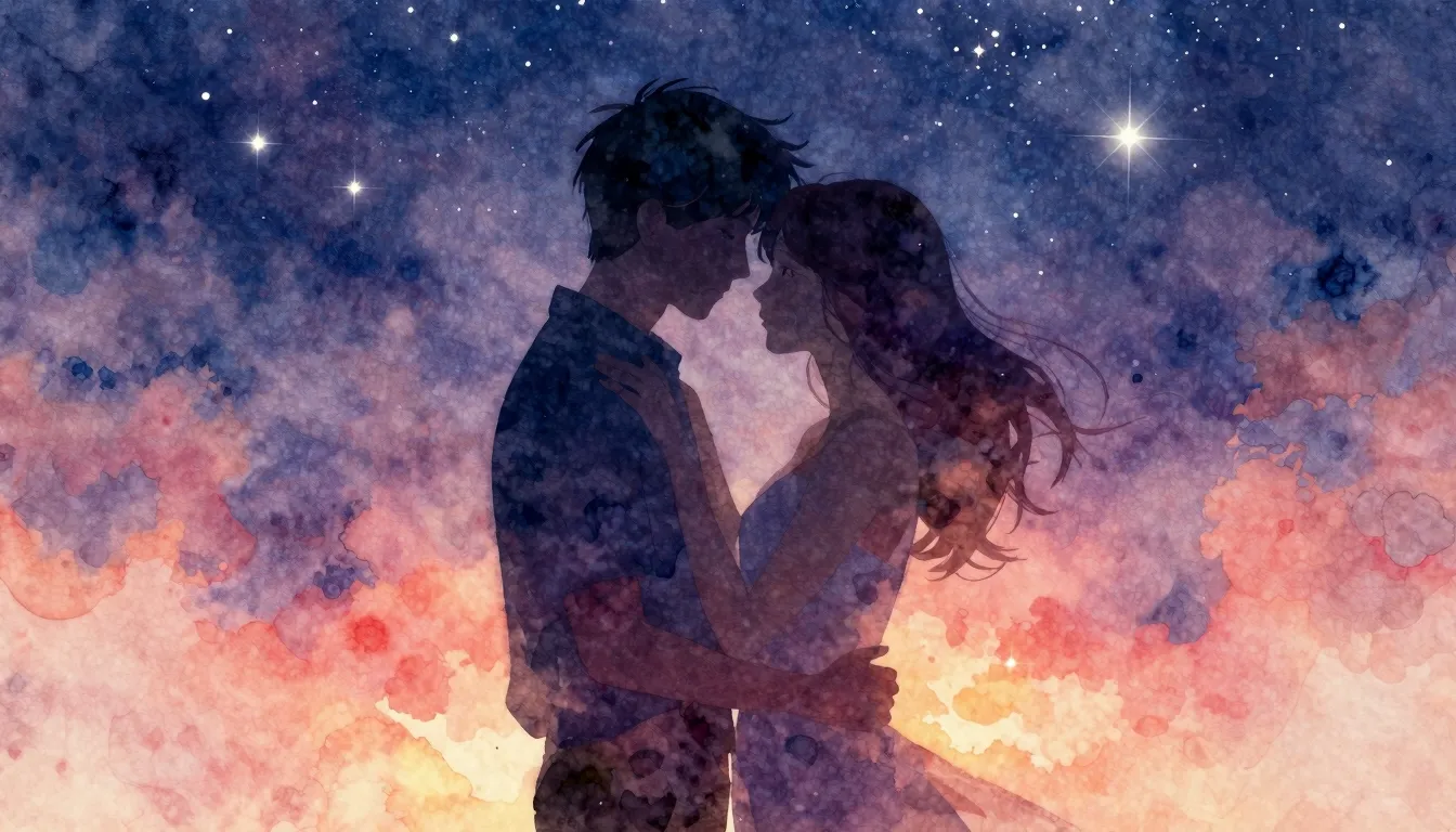 Vibrant watercolor style. Romantic, dreamy album cover. Two ...