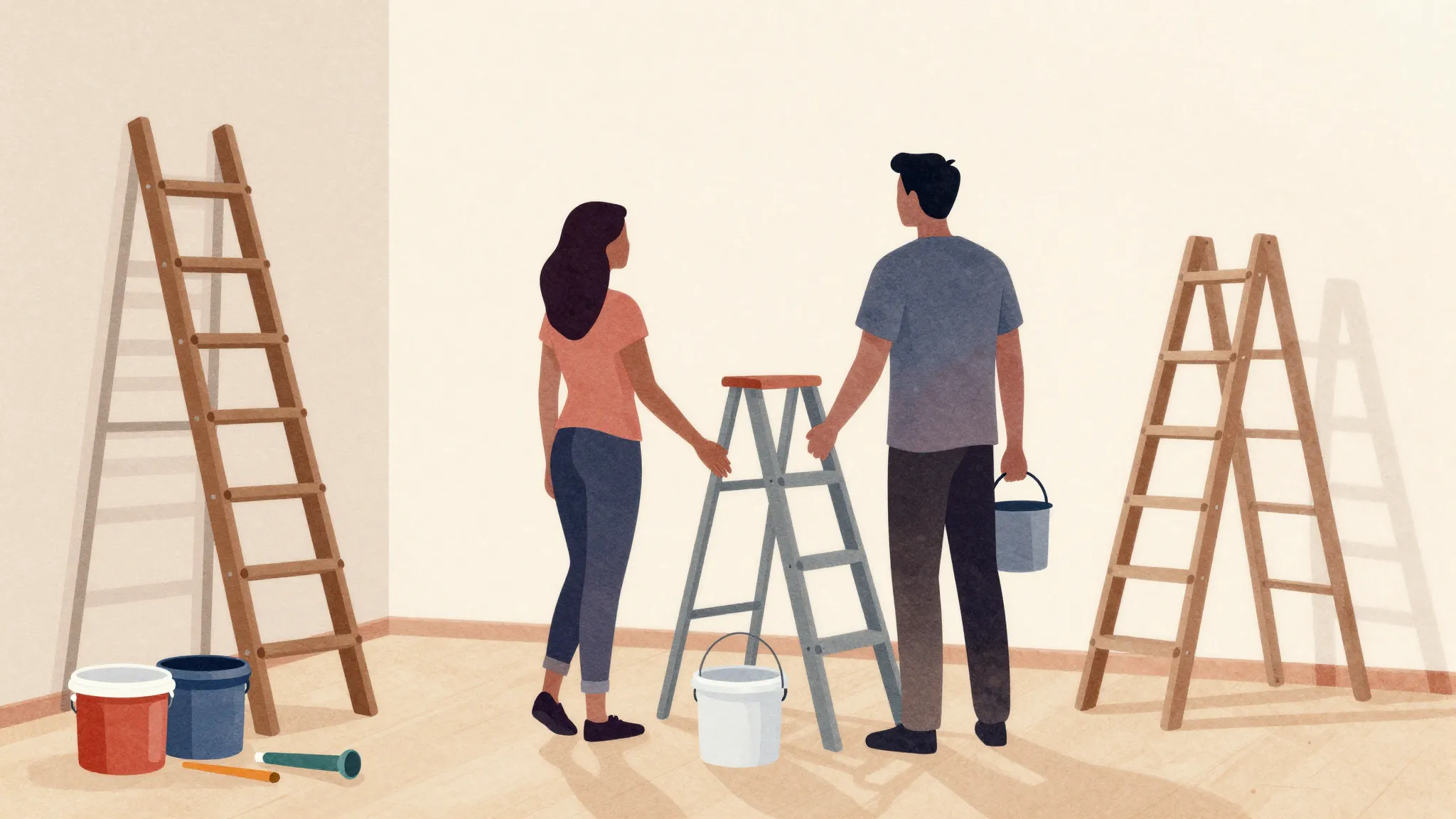 Watercolor style. Silhouettes of a man and a woman in a room...