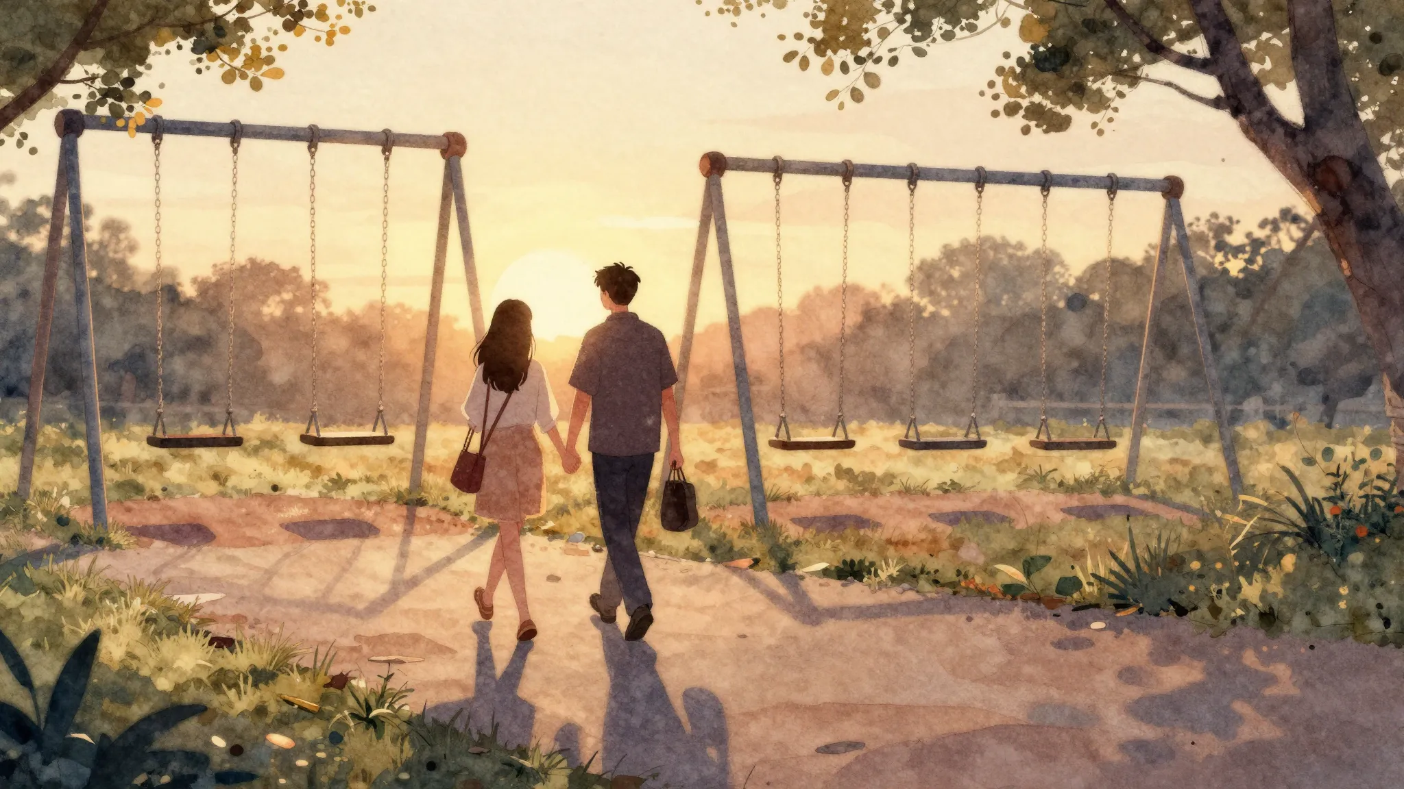 Watercolor style. A nostalgic park scene at sunset with a si...