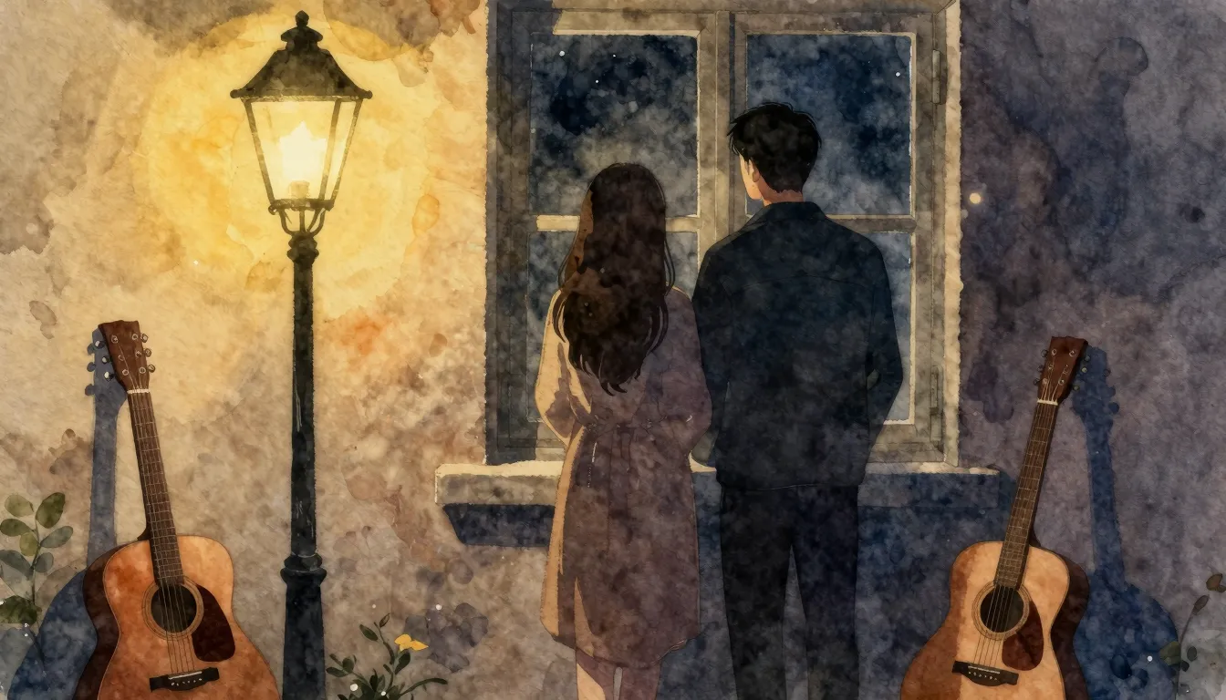Watercolor style. A silhouette of a couple standing by a win...