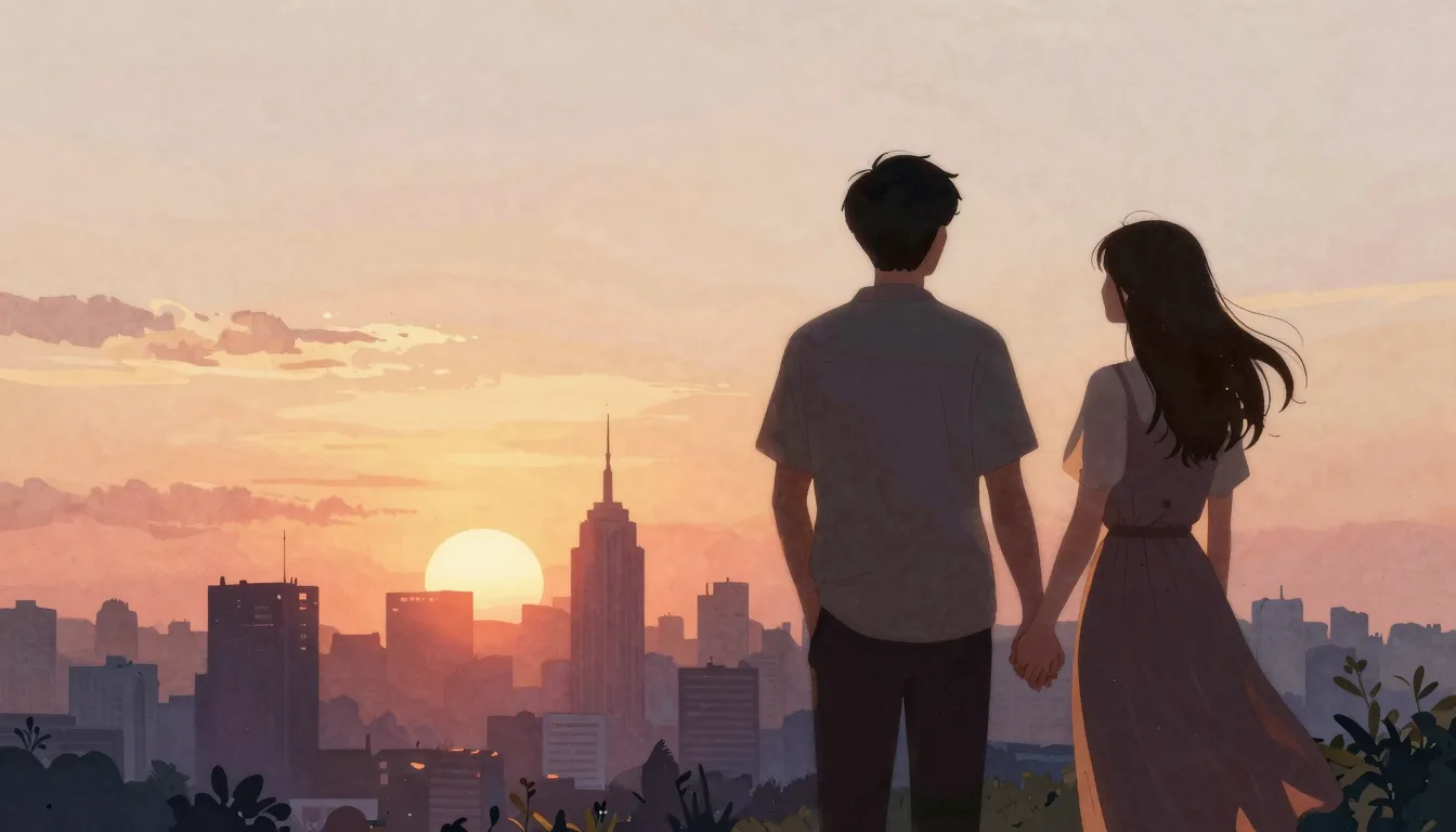 Watercolor style. A silhouette of a couple holding hands, lo...