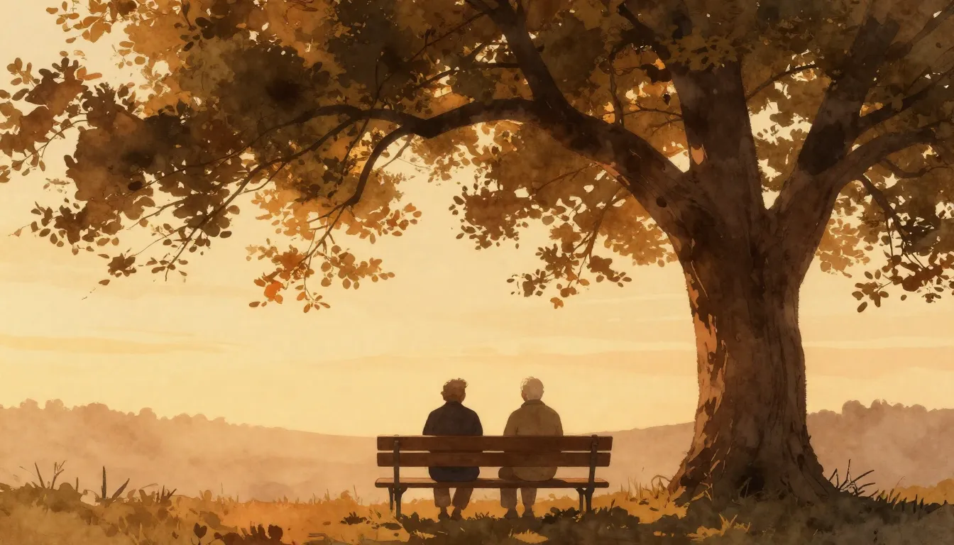 Watercolor style. A warm silhouette of two elderly figures s...