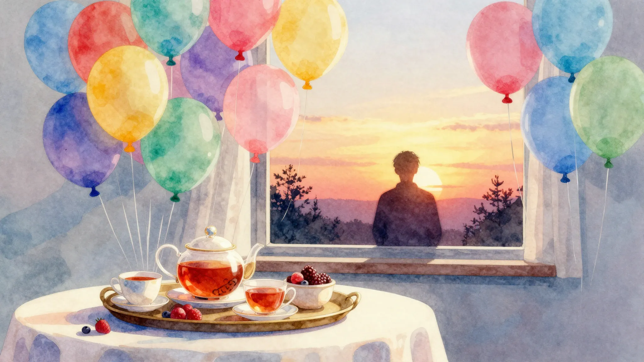 Watercolor style. Festive atmosphere with colorful balloons,...