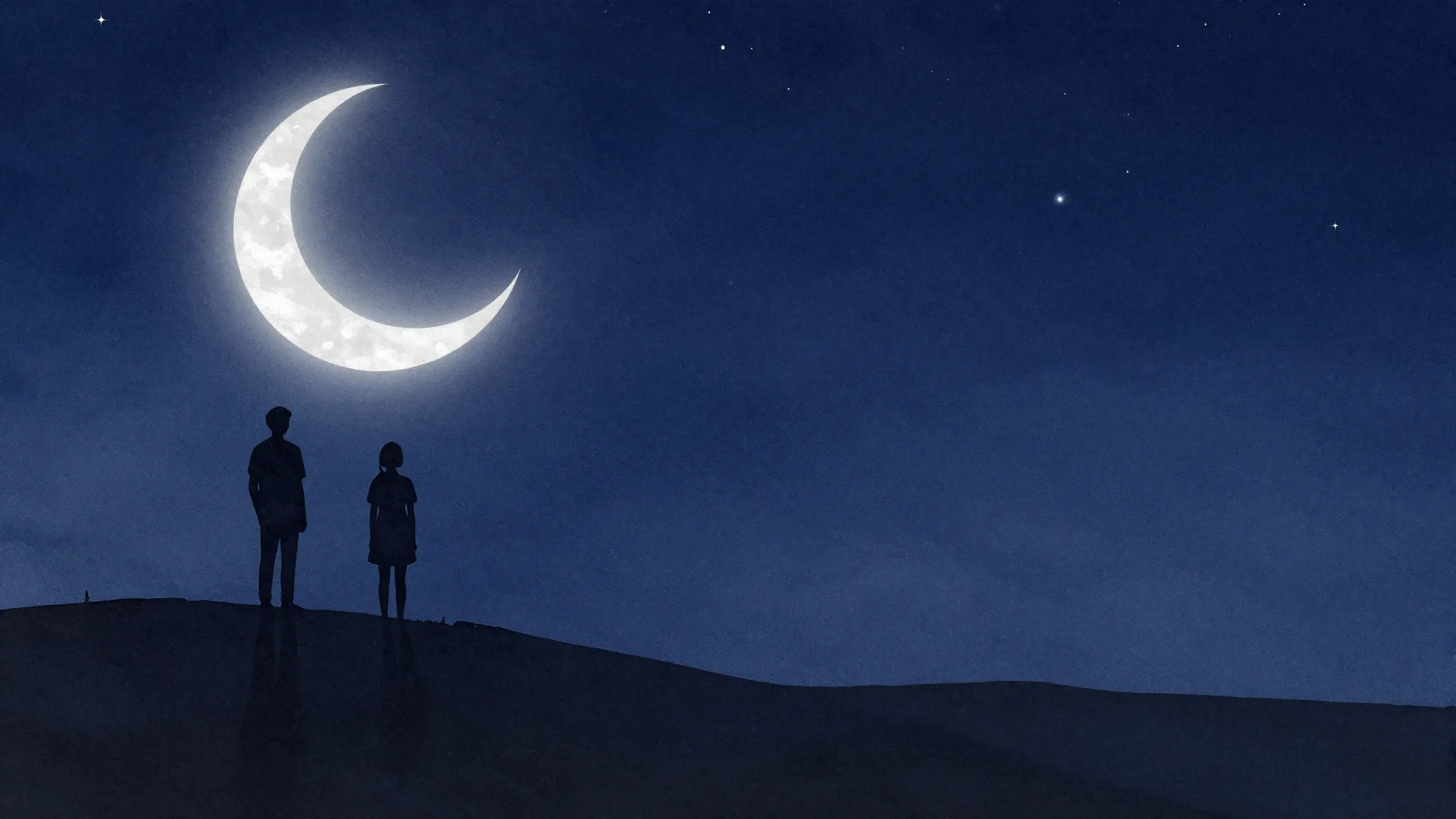 Watercolor style. Silhouette of two figures standing on a hi...