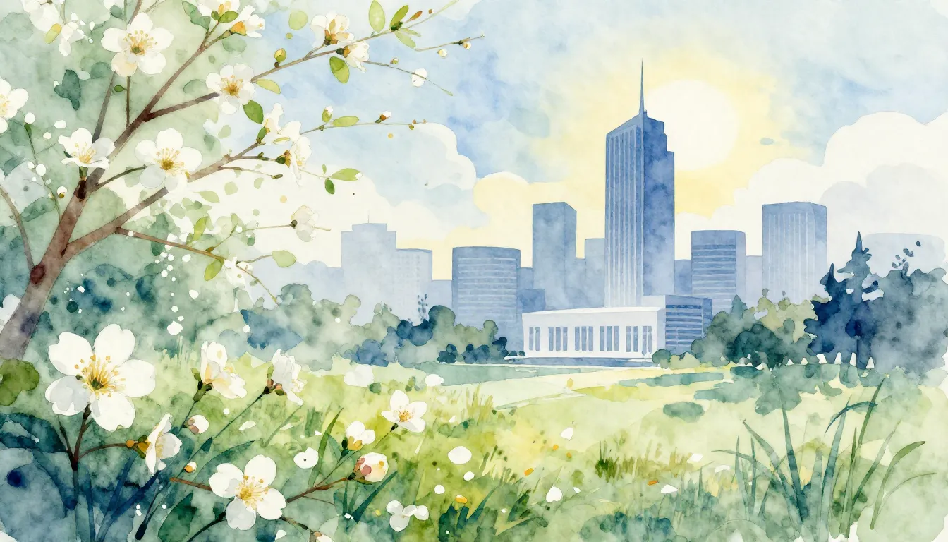 Watercolor style. Abstract spring landscape with blooming fl...