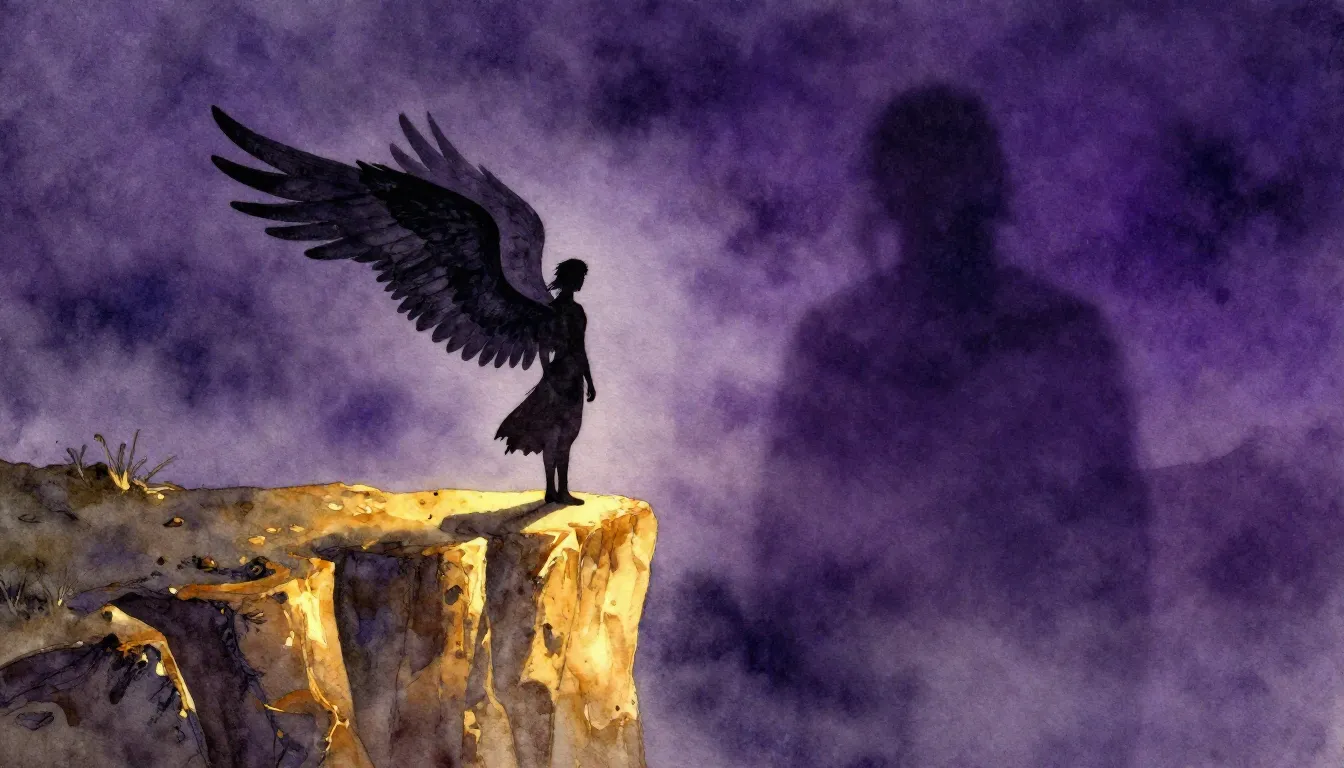 Watercolor style. A silhouette with large feathered wings st...