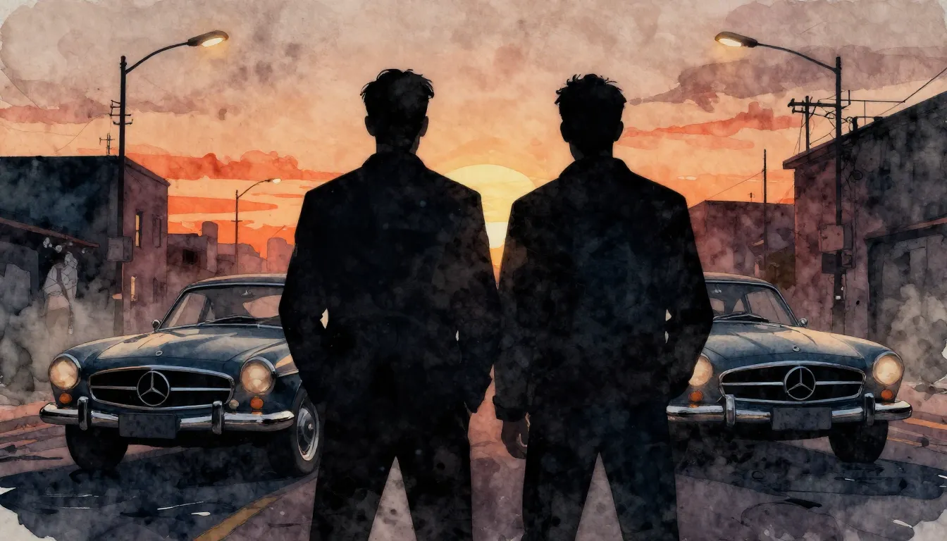 Watercolor style. Two dark silhouettes of men standing shoul...