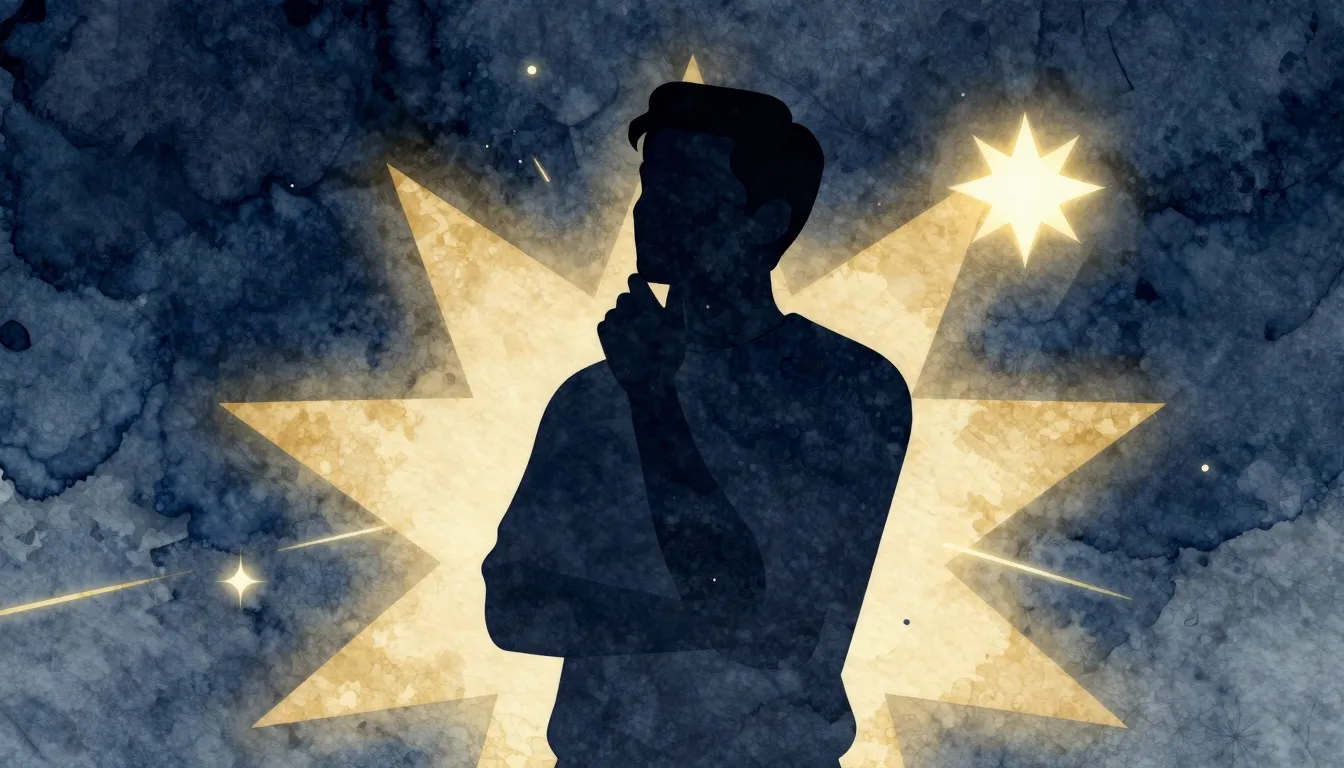 Watercolor style. A dark silhouette of a thoughtful man stan...
