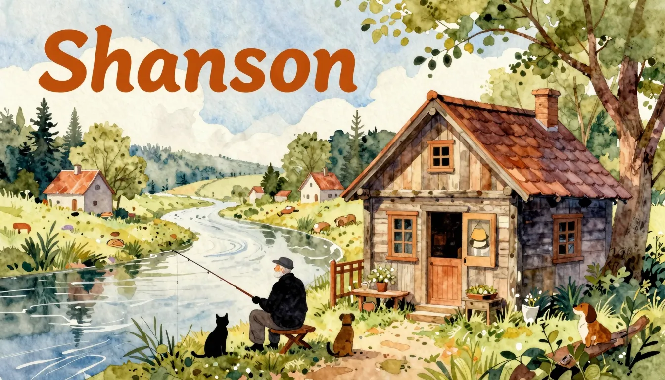 Vibrant watercolor style. Shanson album cover. A cozy wooden...