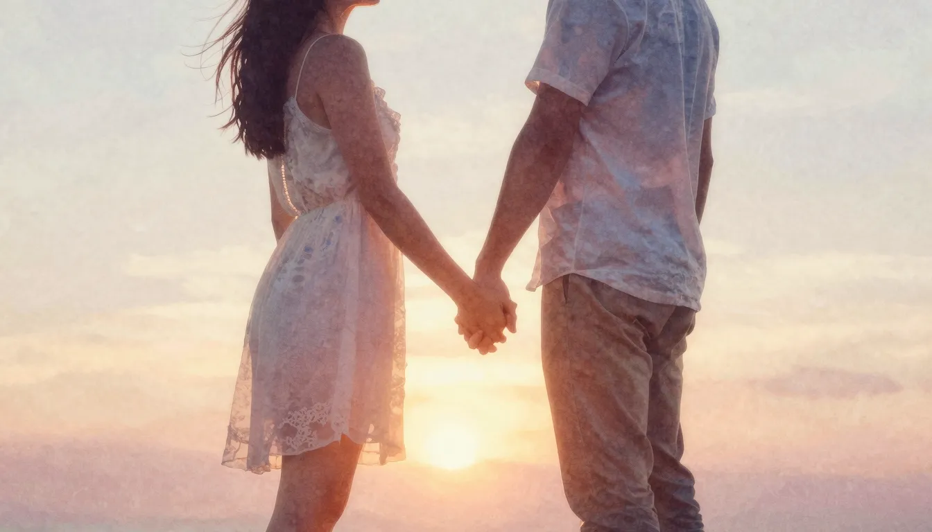 Watercolor style. A warm glowing silhouette of a couple hold...