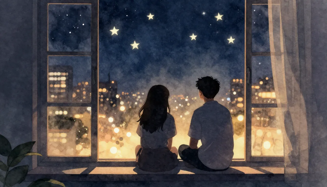 Watercolor style. A cozy silhouette of two friends sitting o...