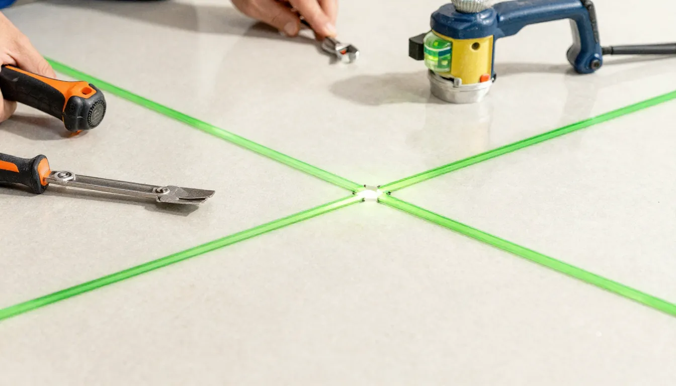 Watercolor style. Close-up of professional tiling tools on a...