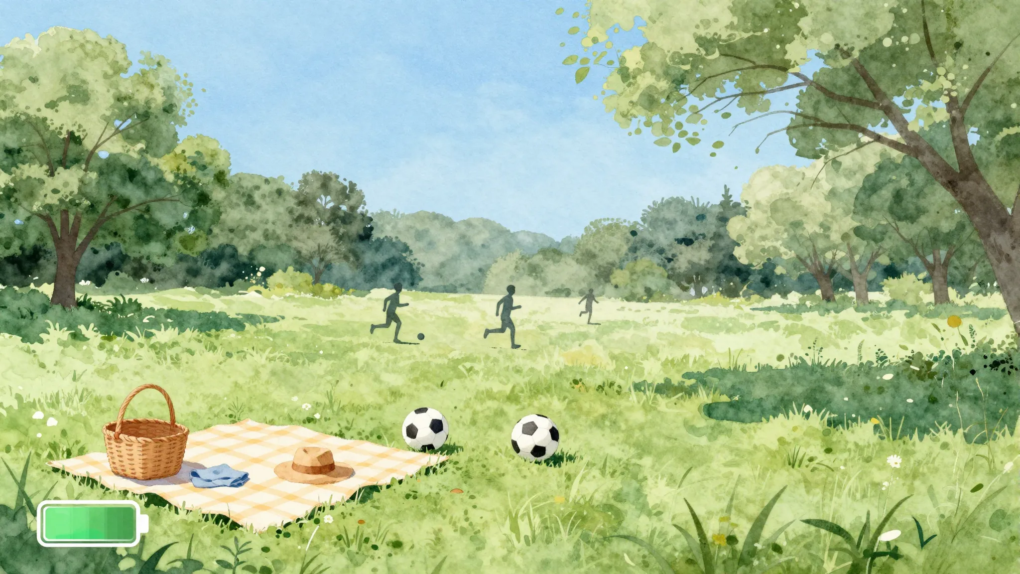Watercolor style. Sunny green park landscape, a picnic blank...