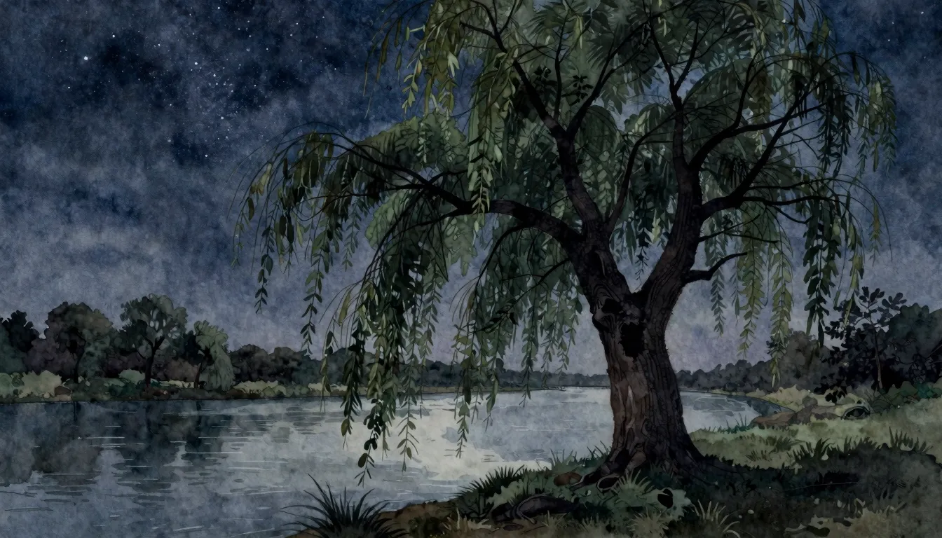 Watercolor style. A solitary silhouette of a large, old will...