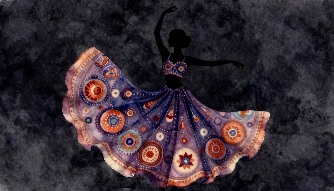 Watercolor style. Silhouette of a dancing woman in a flowing...