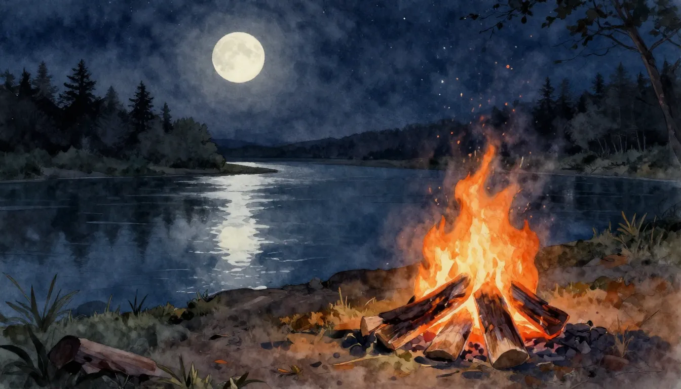 Watercolor style. A dying campfire with glowing orange ember...