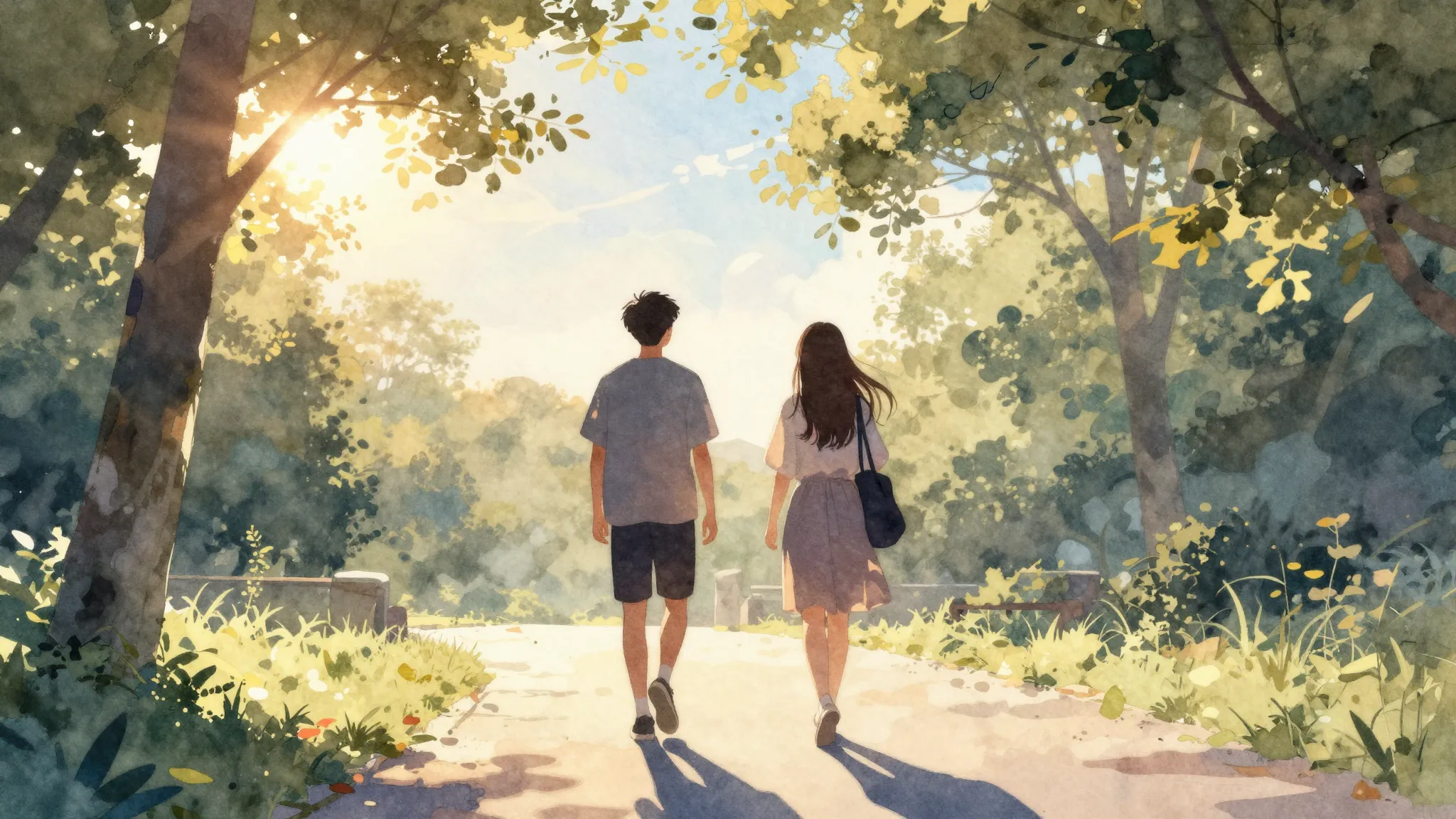 Watercolor style. Two silhouettes of friends walking in a pa...