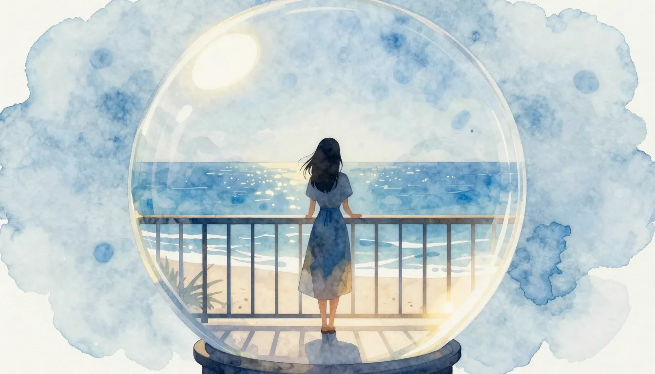 Watercolor style. A silhouette of a woman standing on a balc...