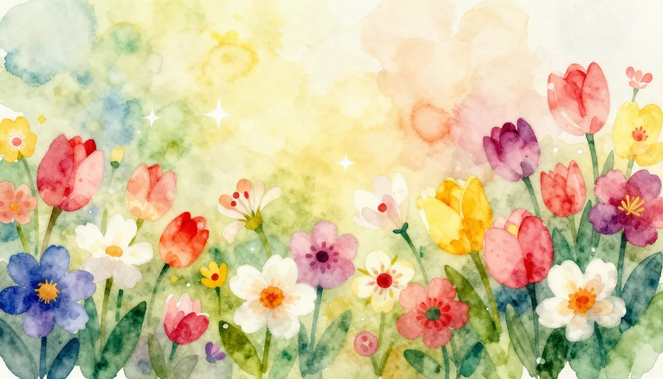 Vibrant watercolor style. A vibrant, joyful spring scene wit...