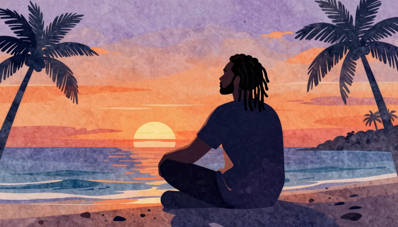 Watercolor style. Silhouette of a man with dreadlocks sittin...