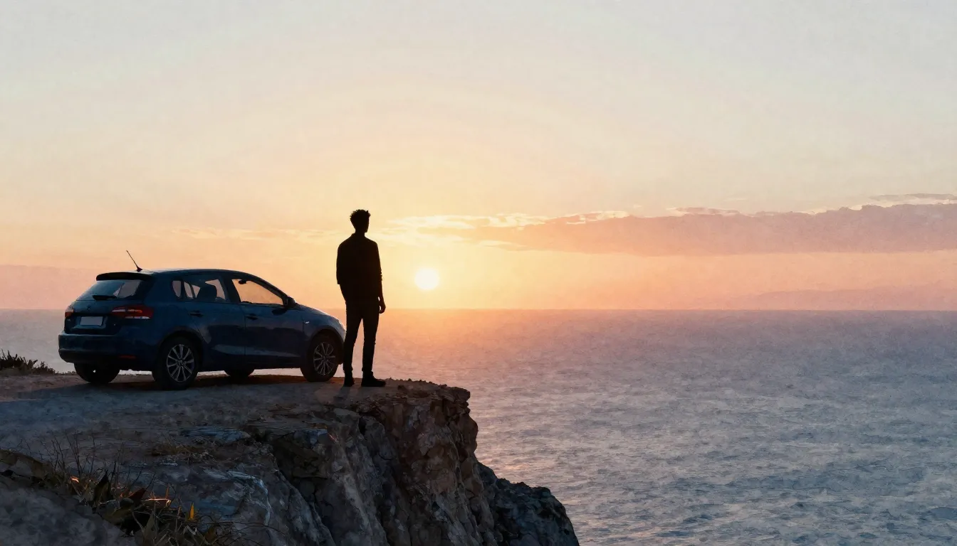 Watercolor style. Silhouette of a man standing next to a car...