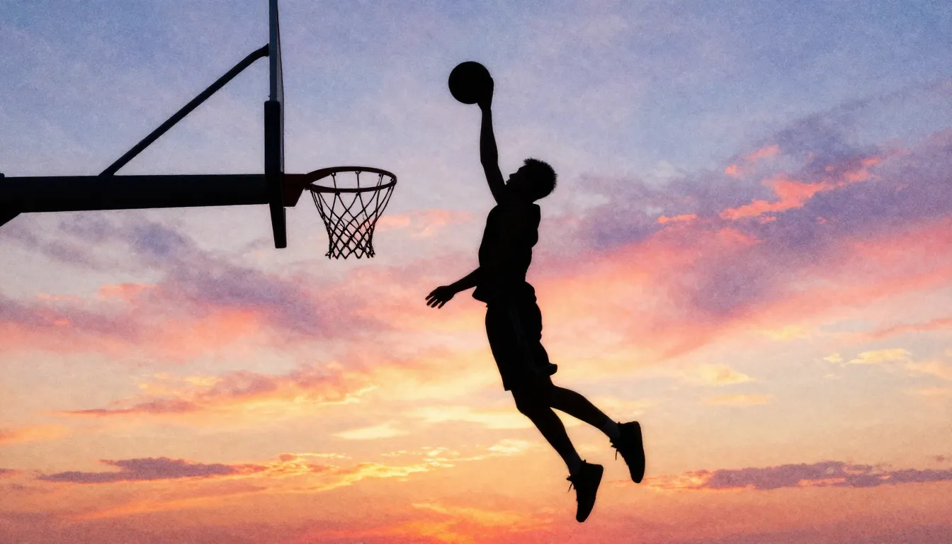 Watercolor style. A silhouette of a tall basketball player j...