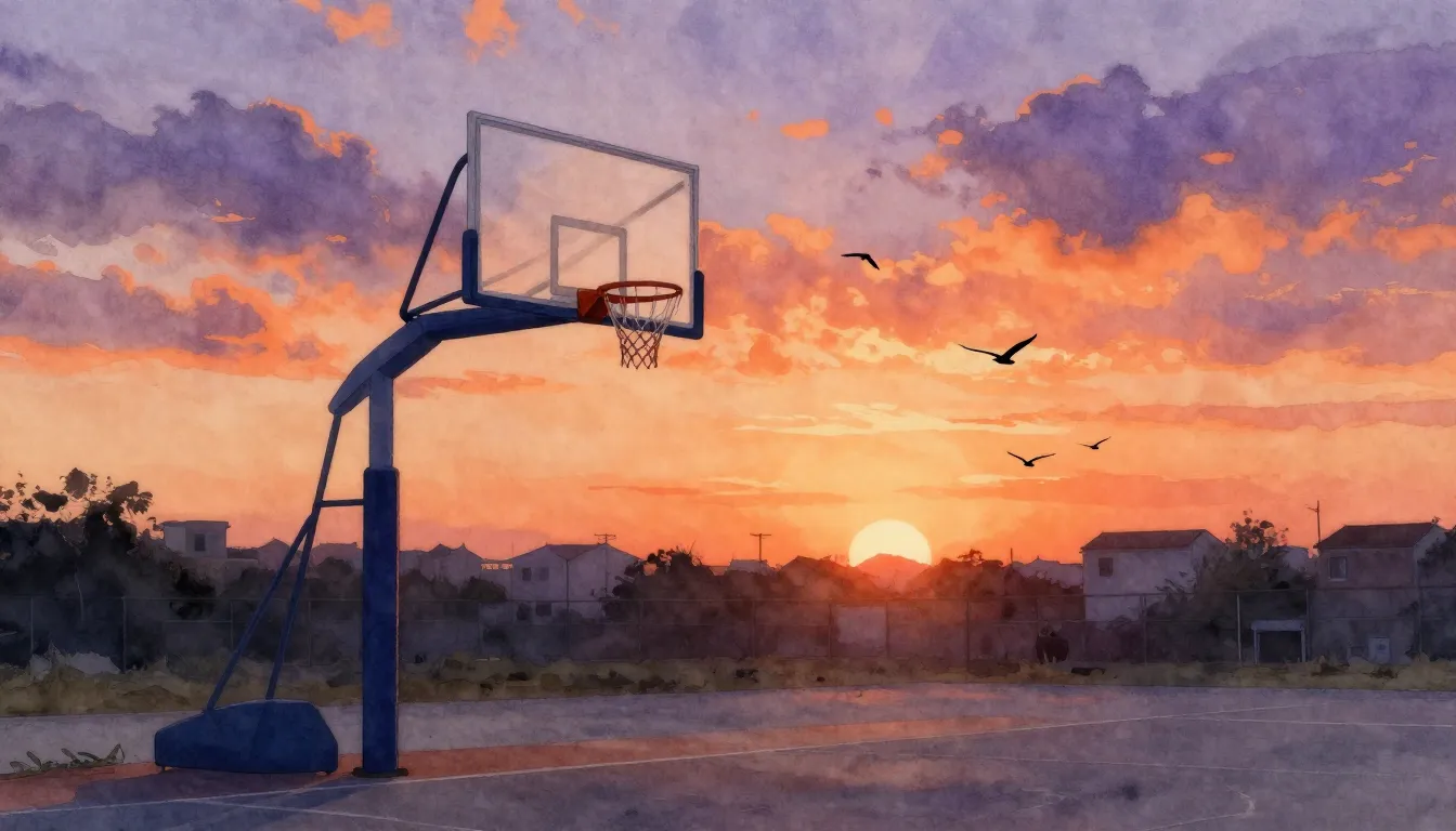 Watercolor style. A lonely basketball hoop in an empty court...