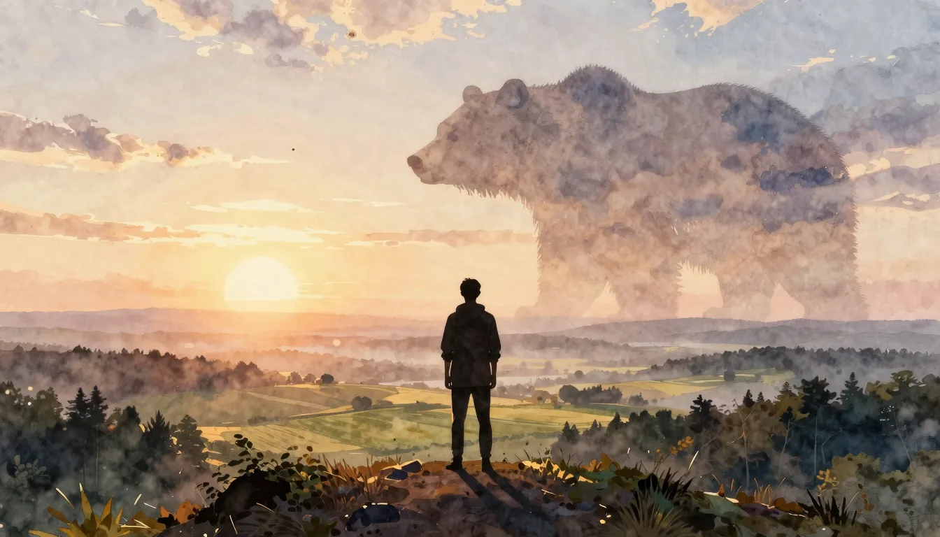 Watercolor style. A silhouette of a person stands on a hill,...