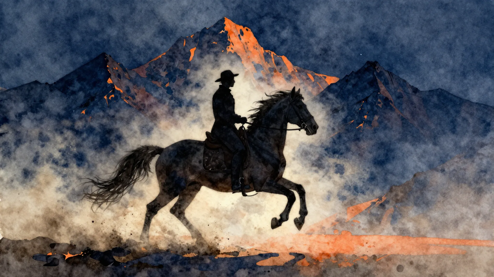 Watercolor style. A dramatic silhouette of a rider on a gall...