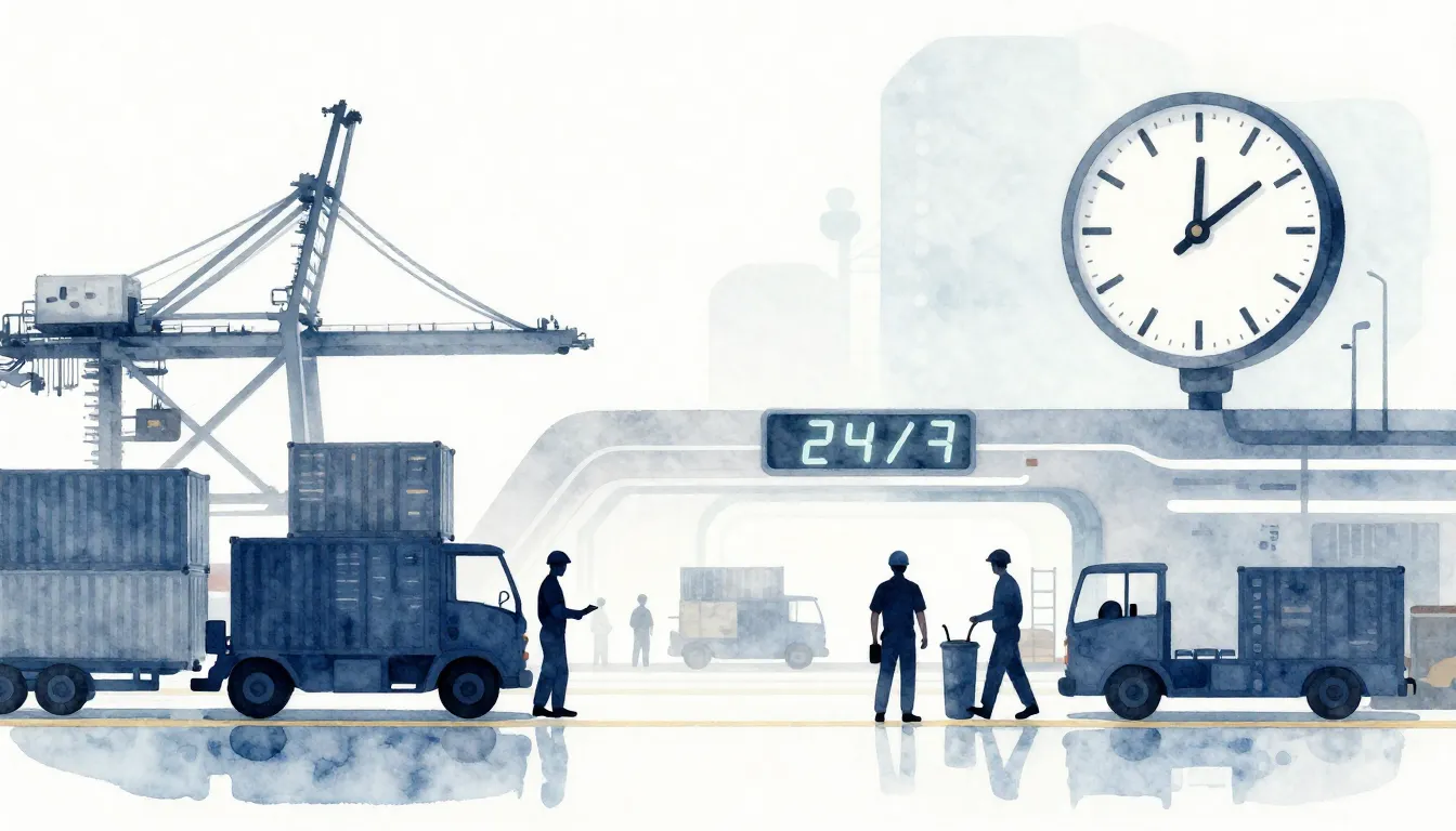 Watercolor style. A futuristic logistics hub with silhouette...