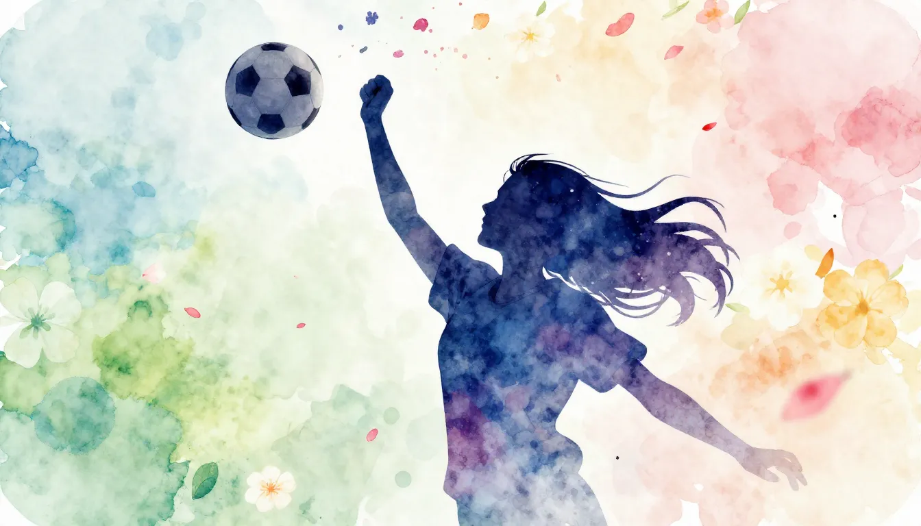 Watercolor style. A stylized silhouette of a woman cheering,...