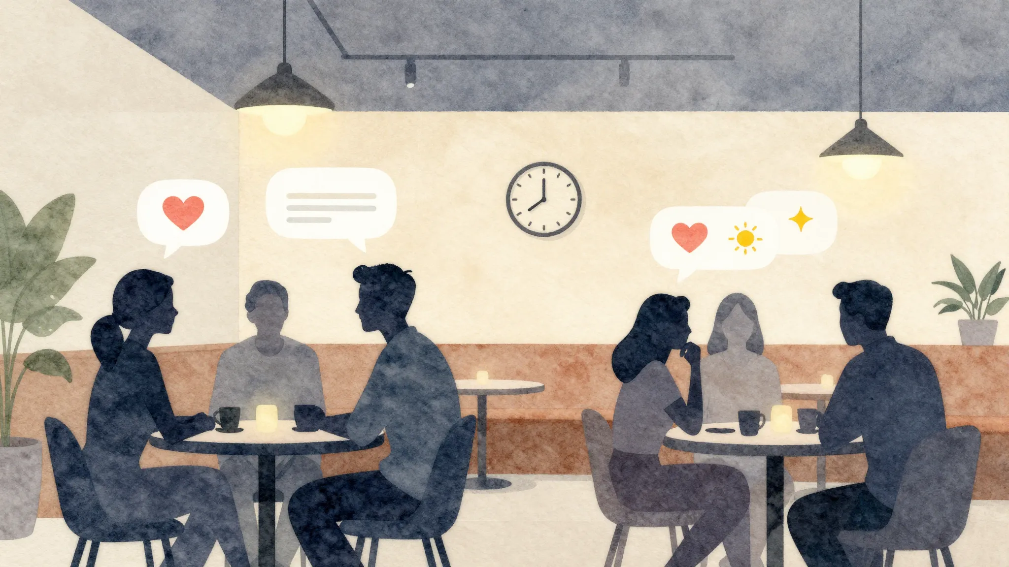 Watercolor style. A cozy, modern lounge area with silhouette...