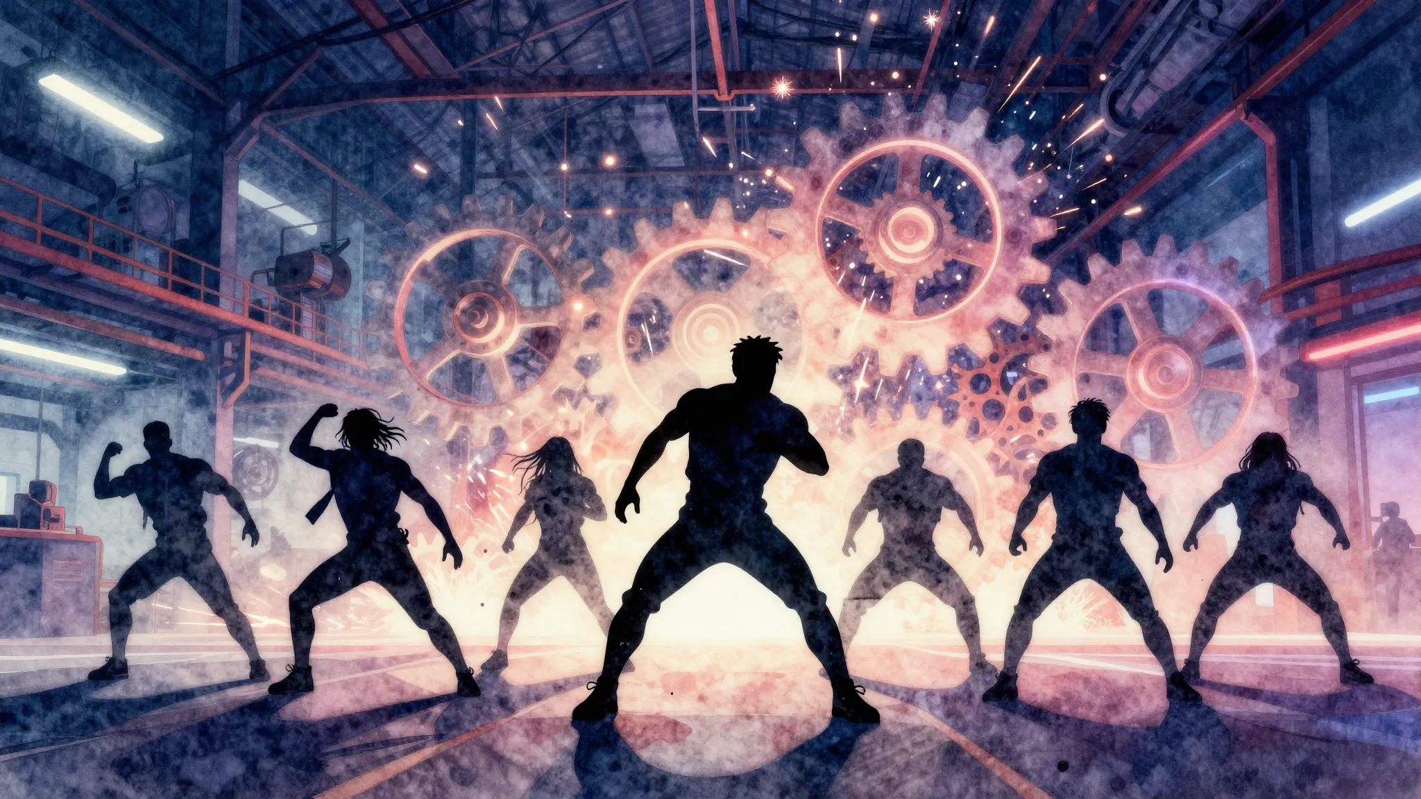 Watercolor style. Silhouette of a dynamic team in a modern i...